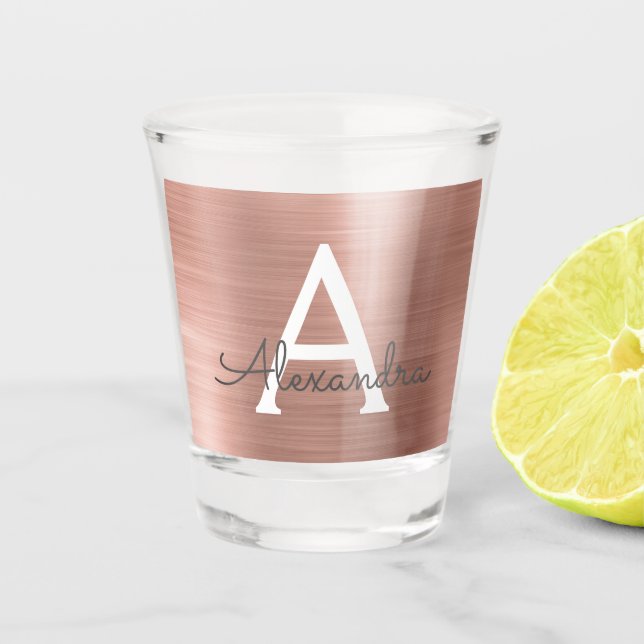 Copo De Shot Rosê Moderno Dourado Rosa Monograma Aniversário (Frente)