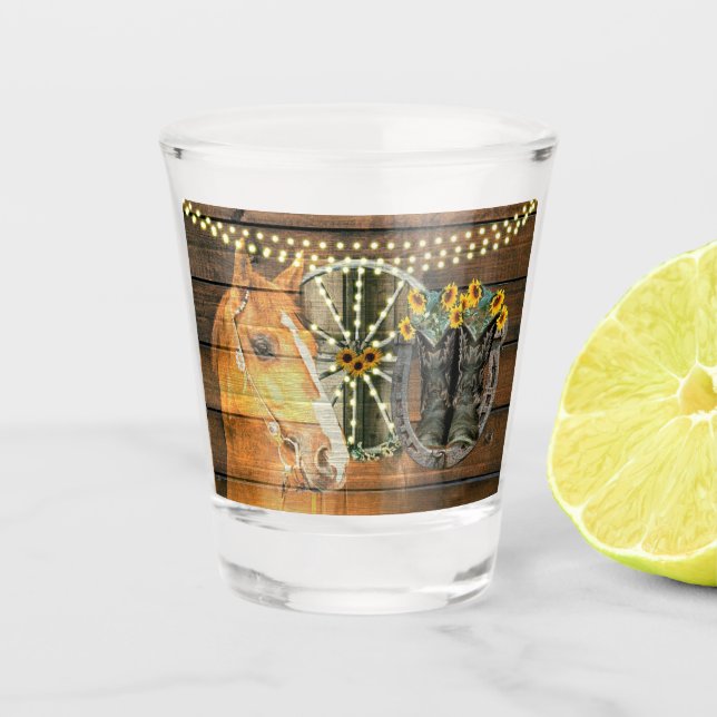 Copo De Shot Rústico Cavalo Girassol Vagabundo Vagão Roda Botas (Frente)