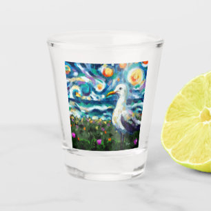 Copo De Shot Seagull Van Gogh Style Beach Sky Blue Teal