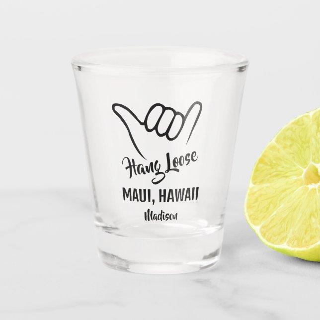 Copo De Shot Shaka de nome e localização personalizada (Frente)