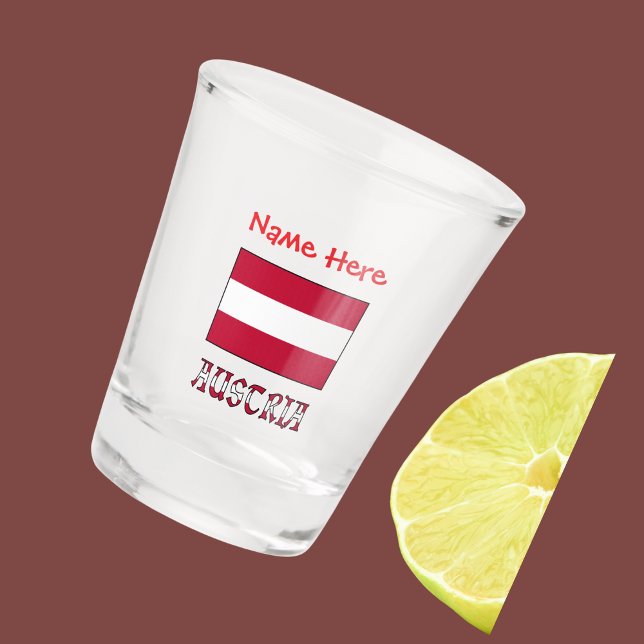 Copo De Shot Sinalizador Austríaco Vermelho Personalizado (Shot glass with Austrian flag and the word AUSTRIA below in flag colors. Add name above in red text )