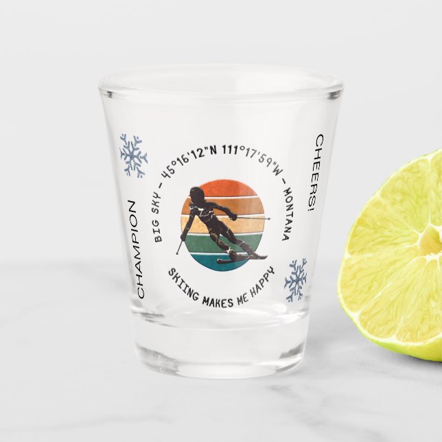 Copo De Shot Ski Big Sky, Montana - Esquiadora feminina, texto  (Frente)