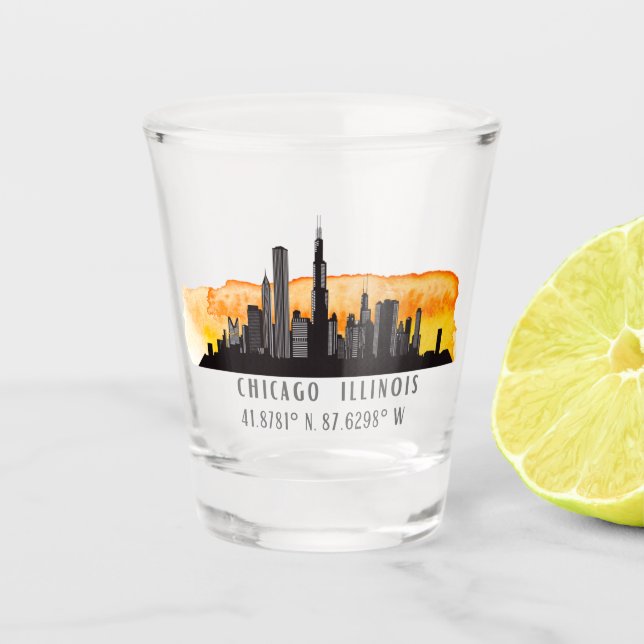 Copo De Shot Skyline Latitude & Longitude Shot Glass de Chicago (Frente)