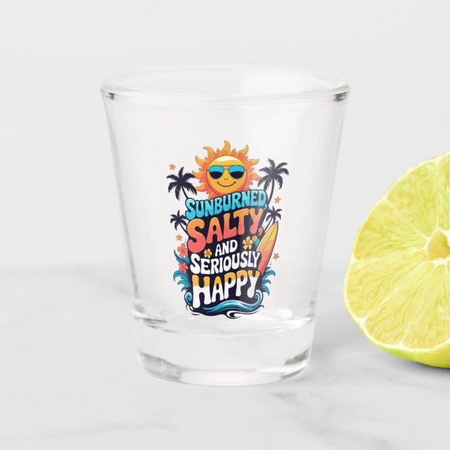 Copo De Shot Sunburned Salty and Happy – Retro Beach Vibes (Frente)