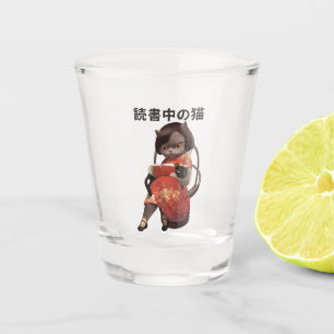 Copo De Shot Tigela de Vidro com Gato Lendo   Cheongsam Retro
