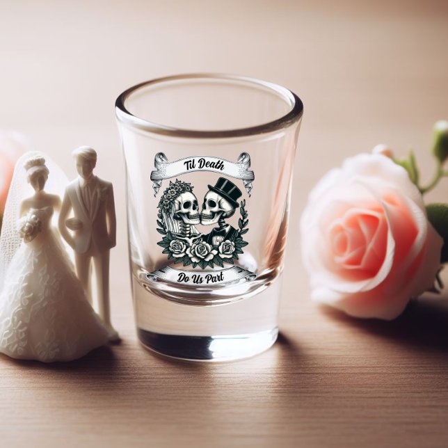 Copo De Shot Til Death Nos Parte: Noiva e Esqueleto De Groom (Gothic Shot Glass, Til Death Do Us Part)
