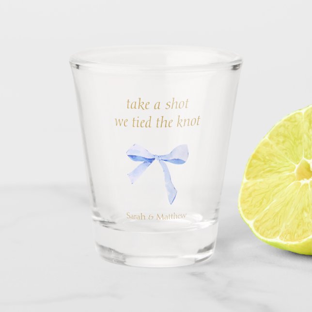 Copo De Shot Trendy Blue Ribbon Weding Favor (Frente)