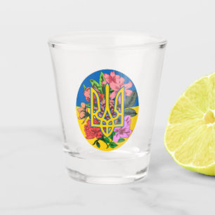 Copo De Shot Tridente ucraniano e bandeira da Ucrânia com flore