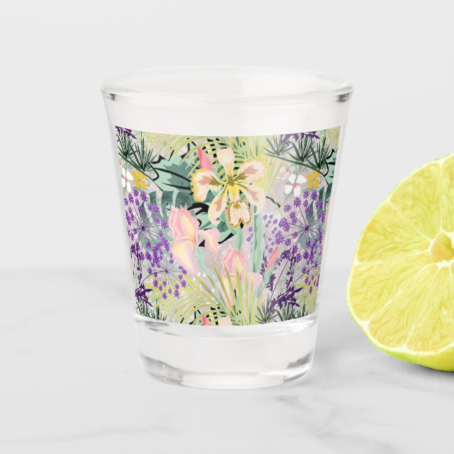 Copo De Shot Tropical pattern with orchids. (Frente)