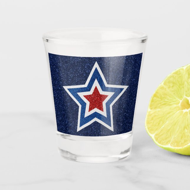 Copo De Shot Vermelho, Branco, Estrela Azul de Glitter 4 de Jul (Frente)