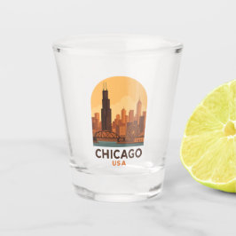 Copo De Shot Viagem Vintage Chicago EUA Céu da Cidade Retrô