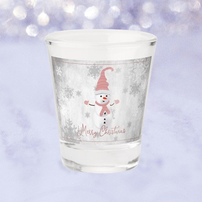 Copo De Shot Vidro quente de Fenda Freseira, Rosa, Bonita (Pink Cute Snowman Holiday Shot Glass)