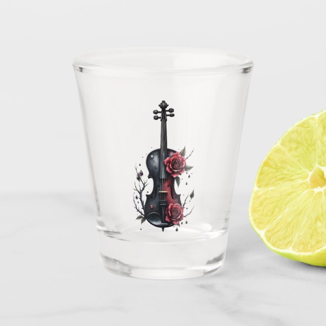 Copo De Shot Violino preto gótico com rosas vermelhas (Frente)