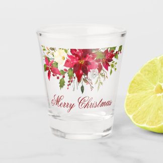 Copo De Shot Watercolor Poinsettia Floral Christmas Red Script