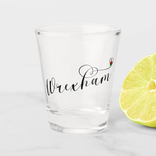 Copo De Shot Wrexham Script Font, Welsh Flag Em Coração (Frente)