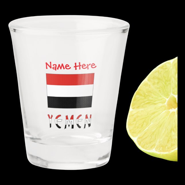 Copo De Shot Yemen Yemeni Flag Red Personalizado (Shot glass has the Yemeni flag and the word YEMEN below in flag colors. Above add a name.)