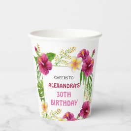 Copos de festa de aniversário com flores tropicais