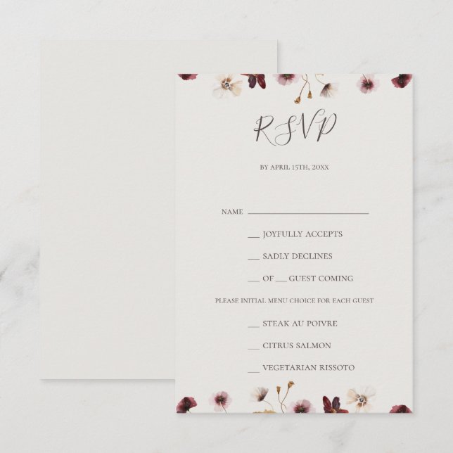 Copper Burgundy Wildflower Beige Menu Choice RSVP (Frente/Verso)