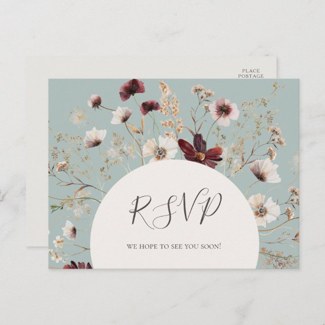 Copper Burgundy Wildflower Teal Menu Choice RSVP (Frente/Verso)