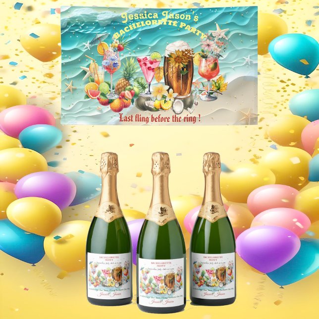 Coquetéis de Praia Frutas Tropicais Despedida de S (Beach Cocktails Tropical Fruits Bachelorette Party Sparkling Wine Label)