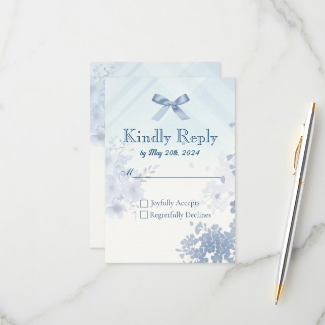 Coquette Blue Bow RSVP Card - Watercolor Floral (Frente/Verso In Situ)