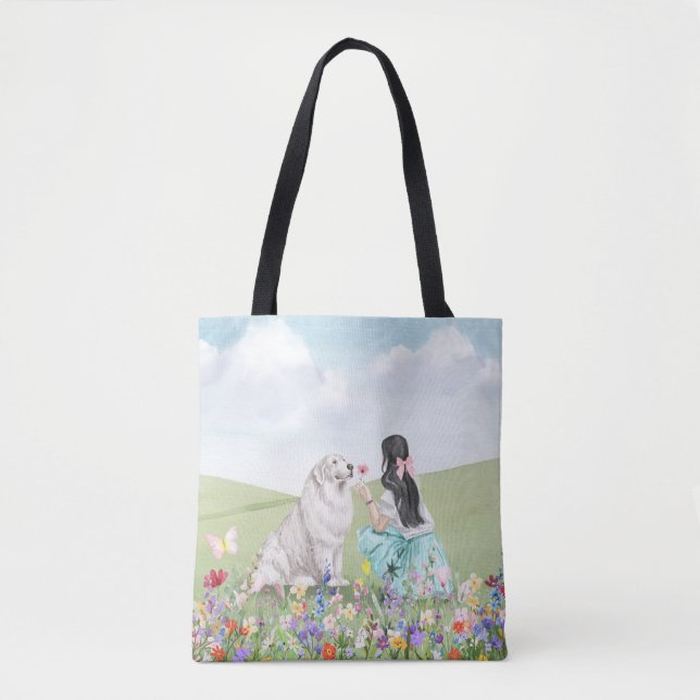 Coquette Girl and Dog Primavera Meadow Tote Bag (Frente)