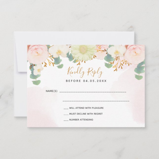 Cor d'água rosa florais branco RSVP de Casamento (Frente)