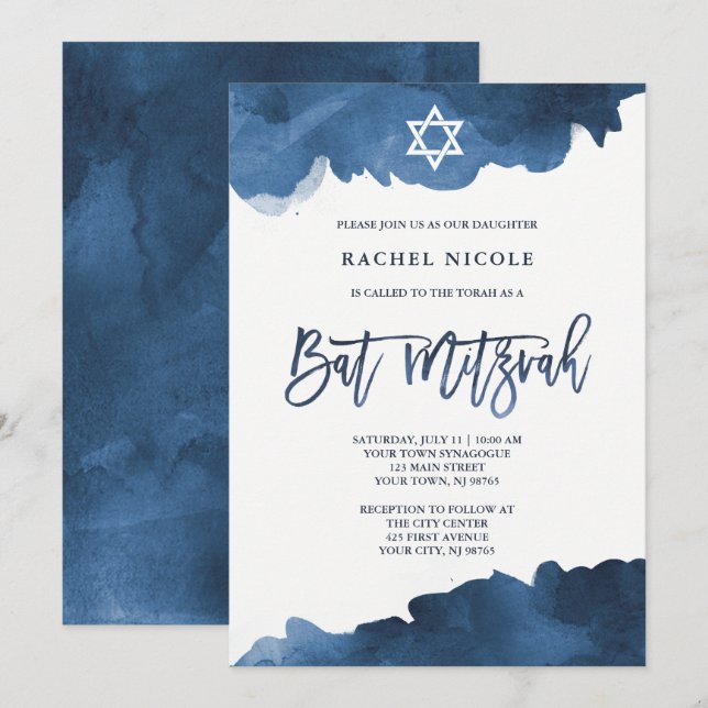 Cor de Água Azul Moderna | Convite Bat Mitzvah (Frente/Verso)