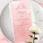 Cor de Água Rosa Espelhada Chic, Menu Casamento Mo<br><div class="desc">Aprecie seus hóspedes com este belo menu de casamento cor-de-rosa-d'água, com elegante monograma botânico desenhado à mão, com casais sobre um requintado fundo de lavagem a aquarela em uma bela mistura de tons rosa-pincel, rosa e salmão. Fácil de preencher modelo com seus detalhes e menu e solicitar seus impressões! Parte...</div>