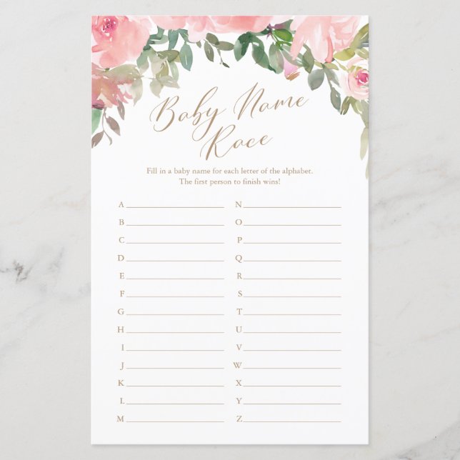 Cor de Água Rosa Floral Bebê Nome Race Jogo (Frente)