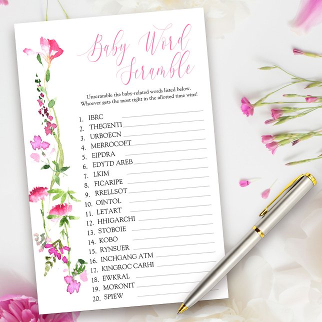 Cor-de-rosa, Chá de Palavra de Flor Selvagem (Baby Shower Game Cards from my Pink Wildflower Collection. Message me to create co-ordinating items.)