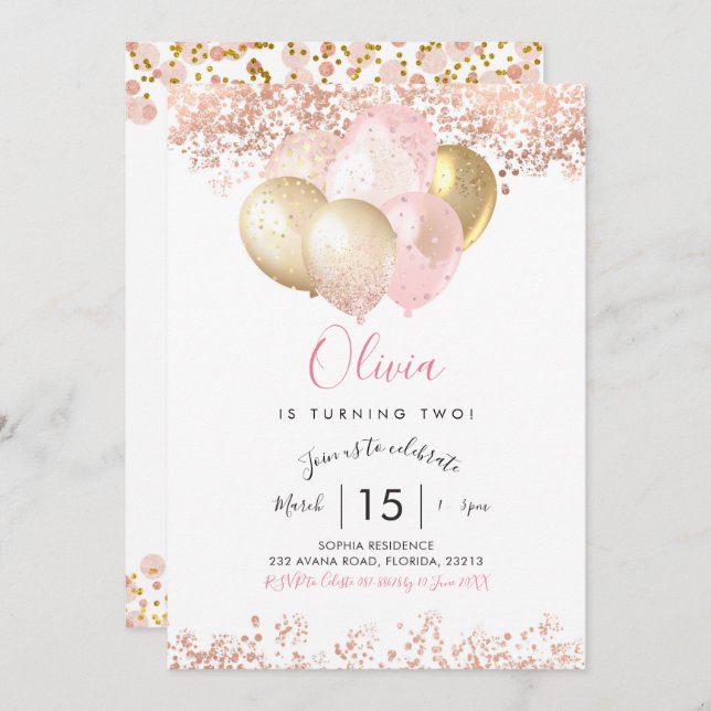 Cor-de-rosa e Convite de aniversário Dourado (Frente/Verso)