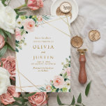 cor-de-rosa pincelado geométrico guardar o cartão<br><div class="desc">design floral geométrico com flores rosas pintadas com a mão roxa e um quadro geométrico de ouro. Os detalhes de cor e texto podem ser personalizados.</div>