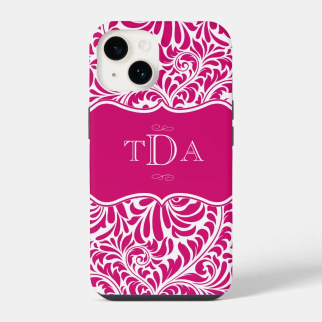 Cor Fúcsia Design de Padrão Damask Monogramado Ca (Verso)