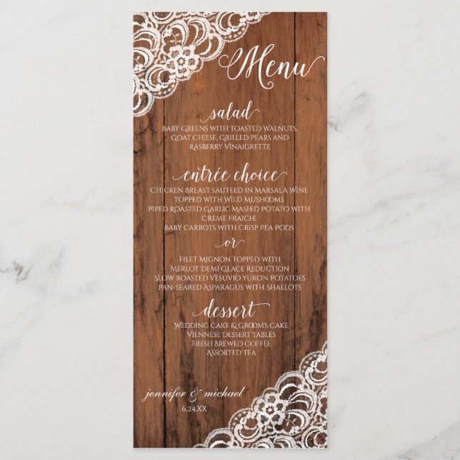 COR LACE EDITÁVEL Menu de Casamento de Madeira Rús (Frente)