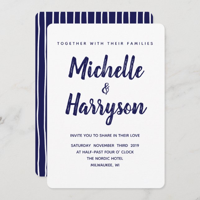 Cor mínima | Azul Marinho | Convite Para Casamento (Frente/Verso)