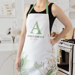 Cor Verde Inicial Personalizada<br><div class="desc">Um avental de cozinhar personalizado com folhagem botânica elegante verde e dourada,  seu nome inicial e uma citação personalizada.</div>