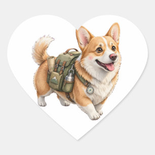 Coração Adesivo Aquarela Aventura de Corgi em Trilha