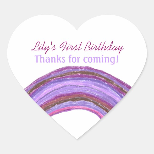 Coração Adesivo de aniversário de 1 ano com arco-íris roxo (Frente)