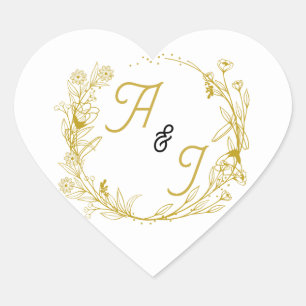 Coração Adesivo de casamento floral dourado editável