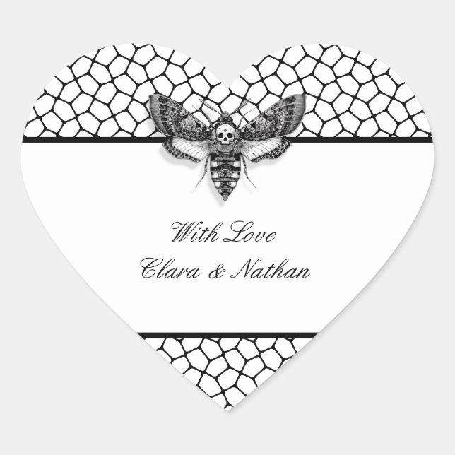 Coração Adesivo de Casamento Gótico – Mariposa & Renda Pre (Frente)