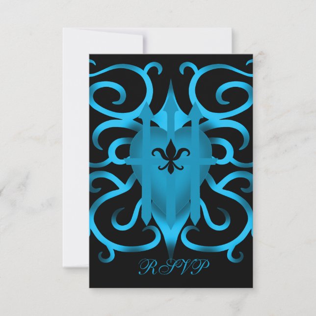 Coração azul romântico e redemoinhos RSVP (Frente)