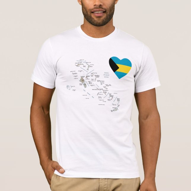 Coração da bandeira de Bahamas + T-shirt do mapa (Frente)