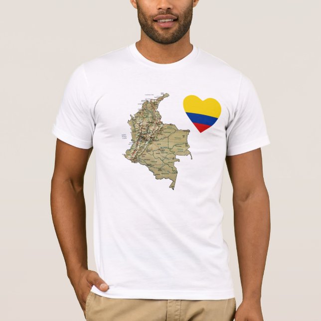 Coração da bandeira de Colômbia e t-shirt do mapa (Frente)