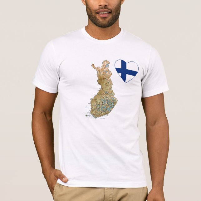 Coração da bandeira de Finlandia e t-shirt do mapa (Frente)