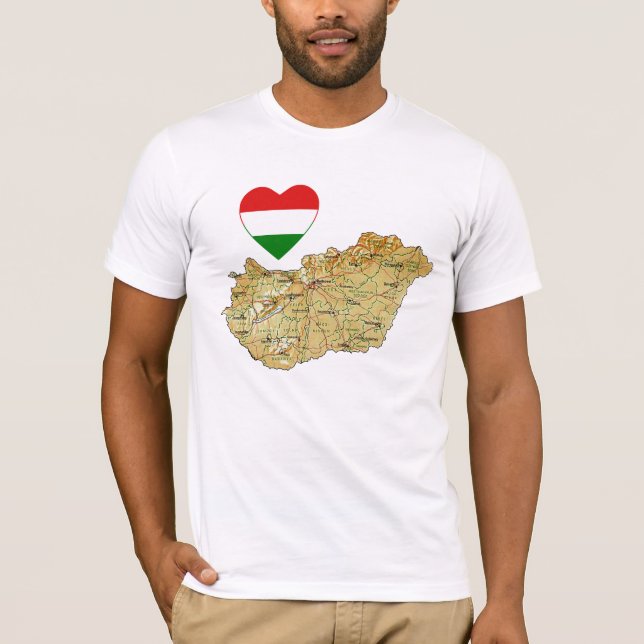 Coração da bandeira de Hungria e t-shirt do mapa (Frente)