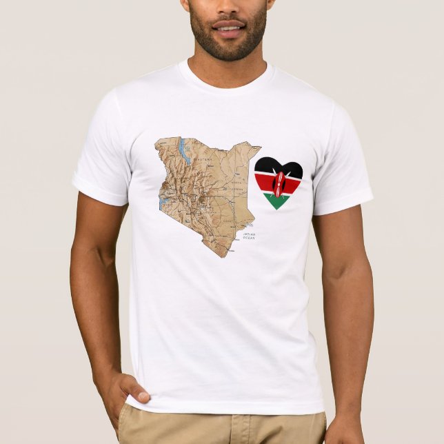 Coração da bandeira de Kenya e t-shirt do mapa (Frente)