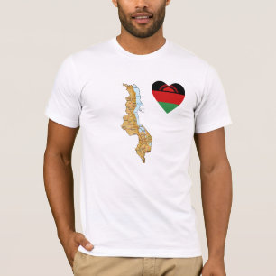 Coração da bandeira de Malawi e t-shirt do mapa