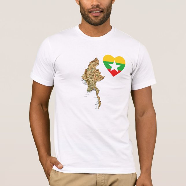 Coração da bandeira de Myanmar e t-shirt do mapa (Frente)