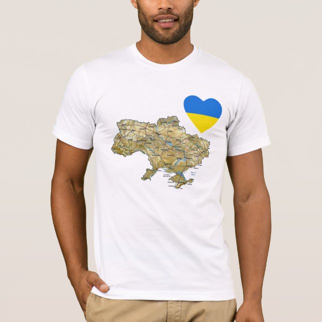 Coração da bandeira de Ucrânia e t-shirt do mapa (Frente)